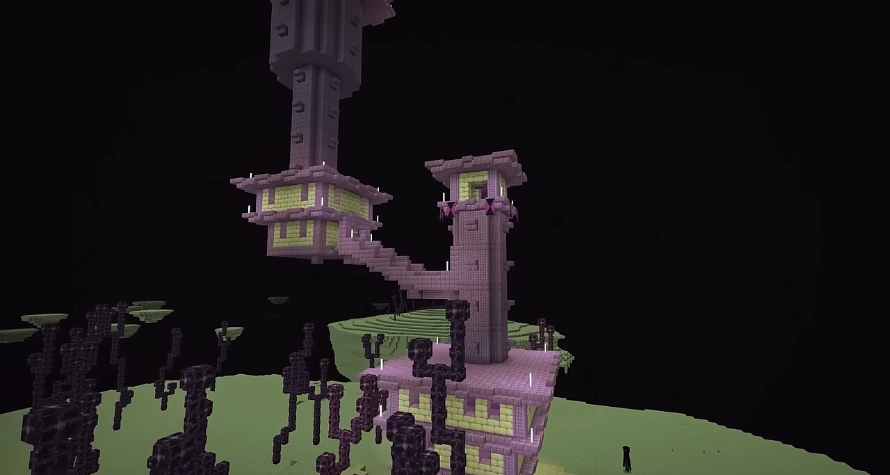 An End city of purpur towers above chorus plants on a floating island