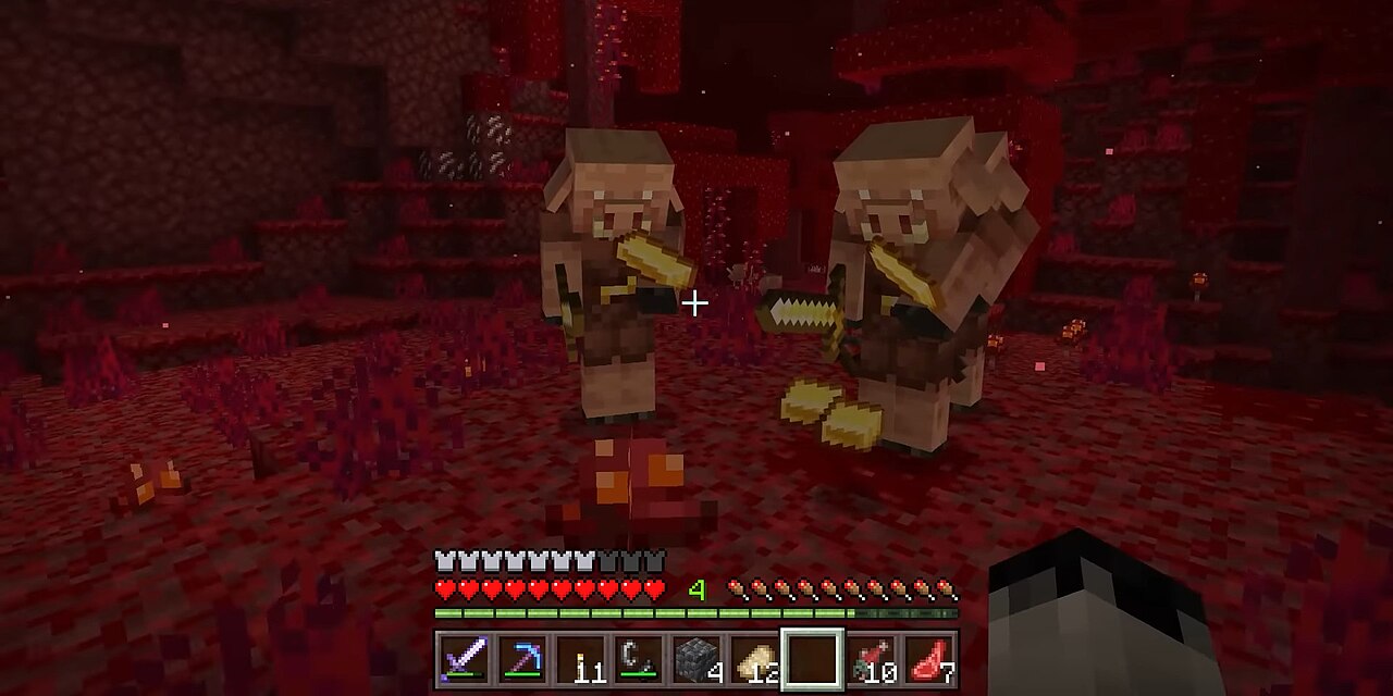 Two piglins holding gold ingots in a crimson forest in the Nether