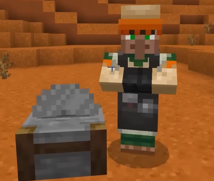 A villager in a toolsmith apron standing beside a stonecutter in a desert